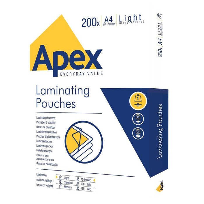 Fellowes Apex - Gering Brillante - 80 Mikron - Pack De 200 - Transparente - Din A4 (216 X 303 Mm)