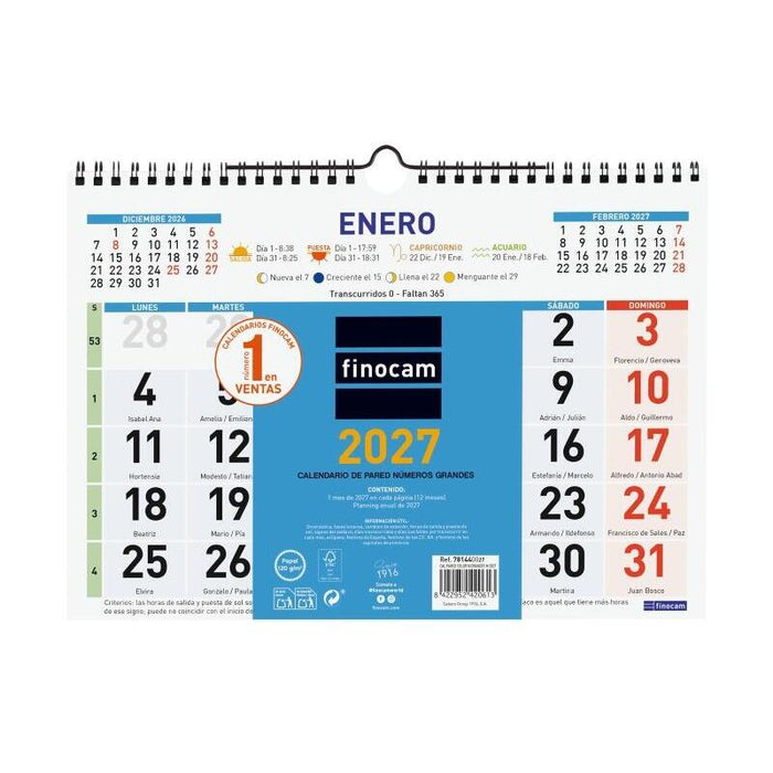 Finocam Color Calendario De Pared - Anual 2027 - Mes Vista - Formato M - 300x210mm - Espiral Doble - Papel De 120g/M2 -
