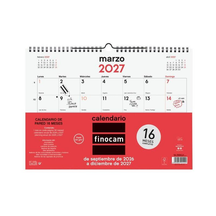 Finocam Neutro Calendario De Pared - 16 Meses - Mes Vista - Formato L - 340x240mm - Espiral Doble Metalica - Papel De
