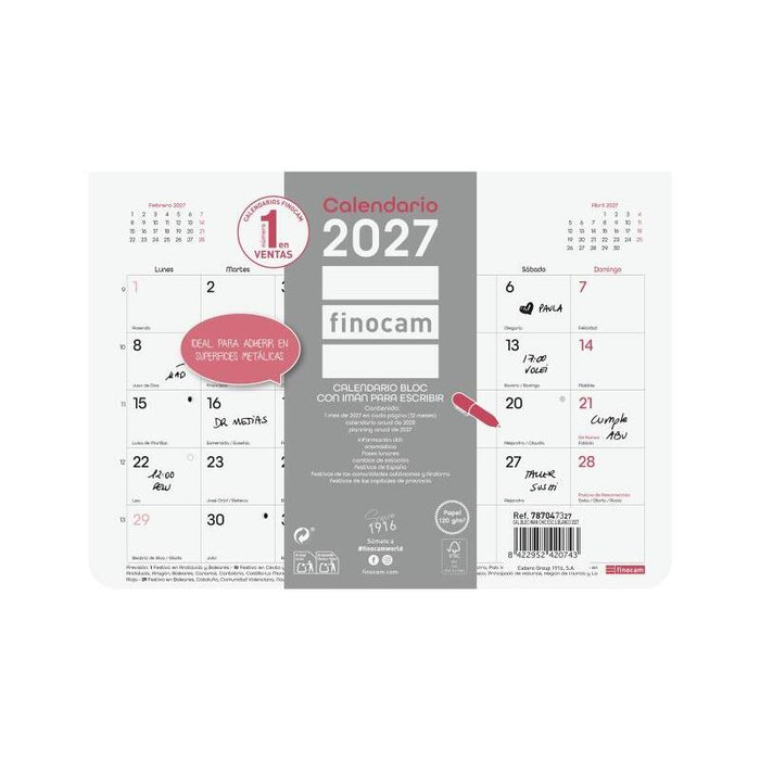 Finocam Trendy Chic Calendario Con Iman - Anual 2027 - Mes Vista - Formato S - 210x150mm - Encolado - Papel De 120g/M2