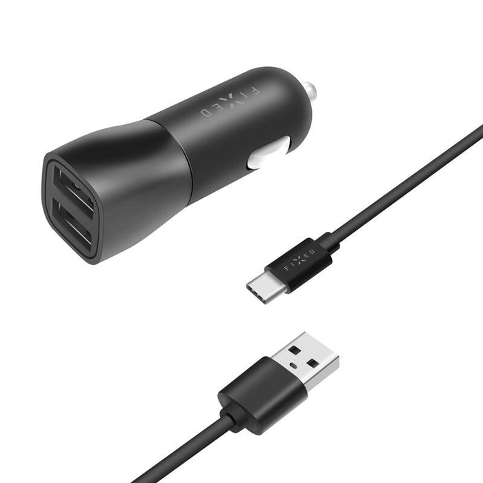 Fixed Dual Usb Car Charger 15w+ Usb Usb-C Cable, Black