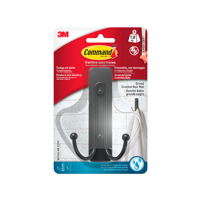 Gancho Doble, Grande, Negro Mate, 1 Ud + 2 Tiras, Máx 1,8 Kg