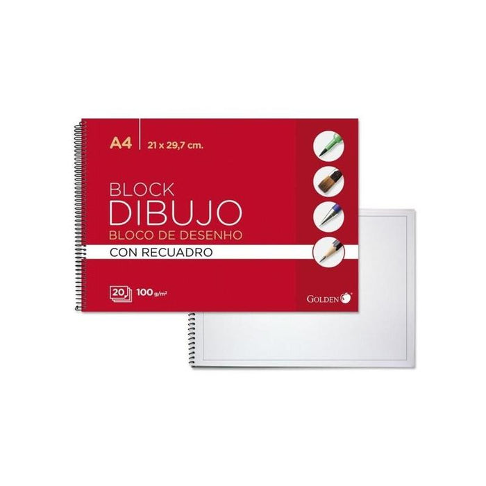 Golden Cuaderno De Dibujo Espiral A4 20 Hojas Con Recuadro Interior - Papel De 100gr