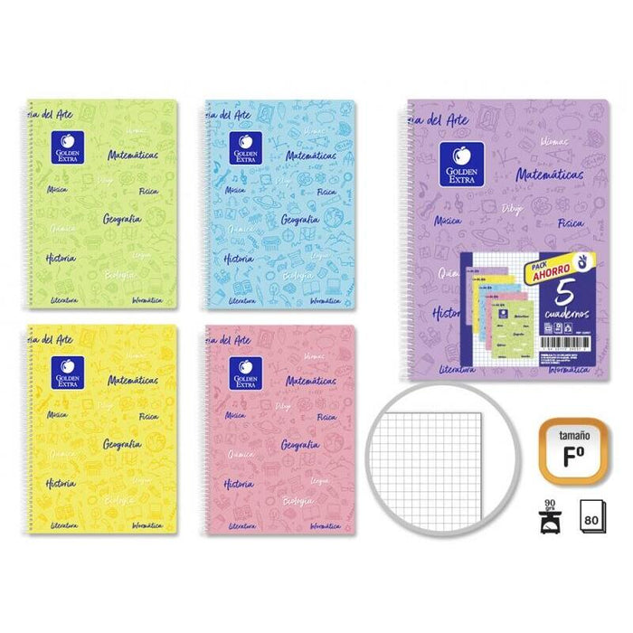 Golden Pack De 5 Cuaderno Asignatura Tapa Dura Folio 80 Hojas 90gr Cuadricula 4x4