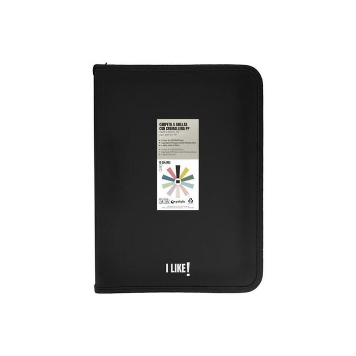 Grafoplás Carpeta Anillas Mixtas 4x25mm Con Cremallera I Like A4+ Pp Rígido Opaco Negro