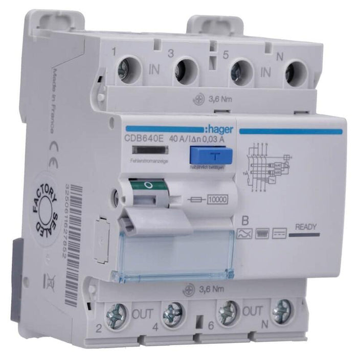 Hager Fi-Interruptor 4polos 10ka Cdb640e 40a 30ma Tipo B 230 400v