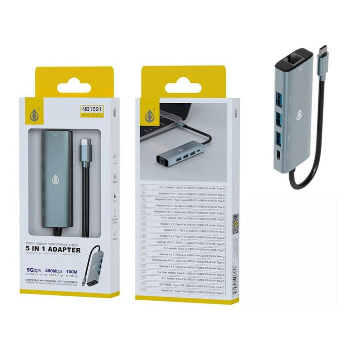 Hub  Jc Nb1521 5 En 1 En Color Plata Adaptador De Usb-C (Macho) A Usb 3.0 + 2usb 2.0 + Rj45 + Usb-C Hembra