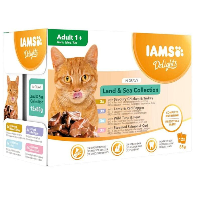 Iams Delights Land & Sea Collection In Gravy Box  Comida Húmeda Para Gato  12x85g