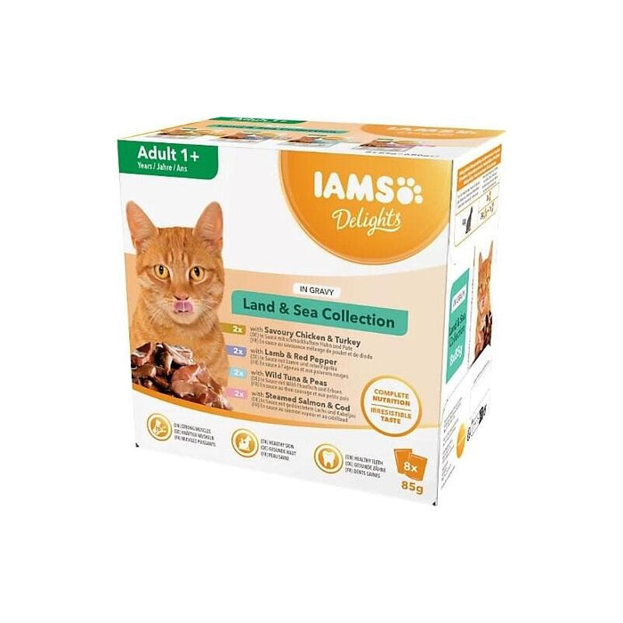 Iams Delights Land & Sea Collection In Gravy Box  Comida Húmeda Para Gato  8x85g