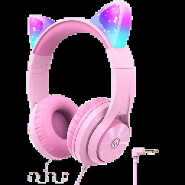 Iclever Hs20 Cat Ear Led Light Up  Wired  Kids Headphones With Microphone, Pink