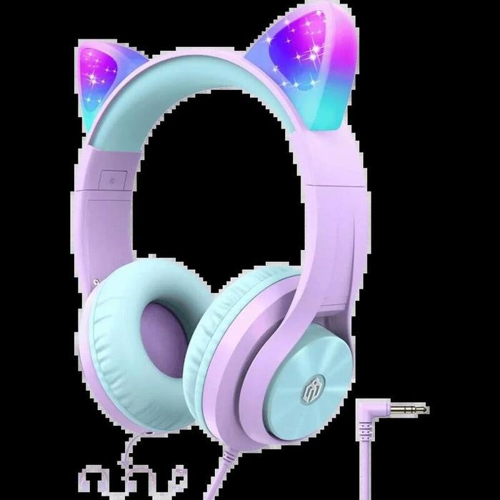 Iclever Hs20 Cat Ear Led Light Up Wired Kids Headphones With Microphone, Purple
