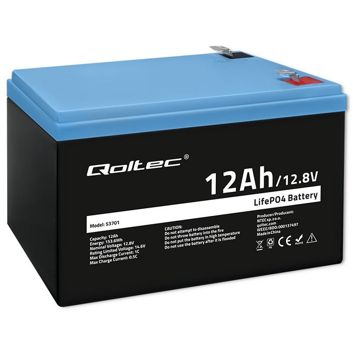 Qoltec 53701 Lifepo4 Lithium Iron Phosphate Battery 12.8v 12ah 153.6wh Bms