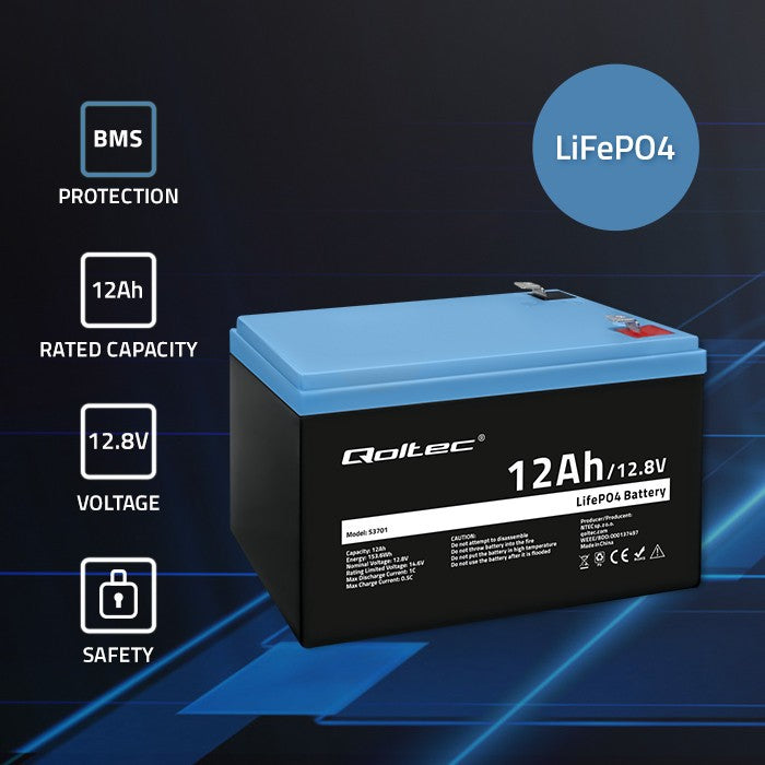 Qoltec 53701 Lifepo4 Lithium Iron Phosphate Battery 12.8v 12ah 153.6wh Bms