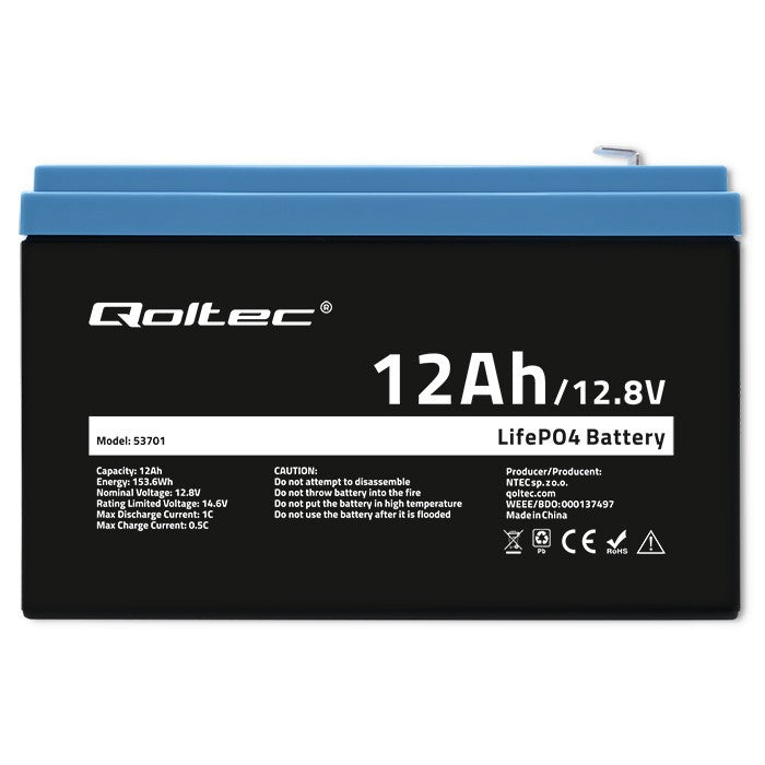Qoltec 53701 Lifepo4 Lithium Iron Phosphate Battery 12.8v 12ah 153.6wh Bms