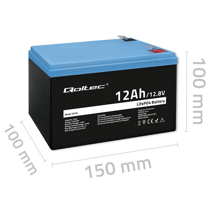 Qoltec 53701 Lifepo4 Lithium Iron Phosphate Battery 12.8v 12ah 153.6wh Bms