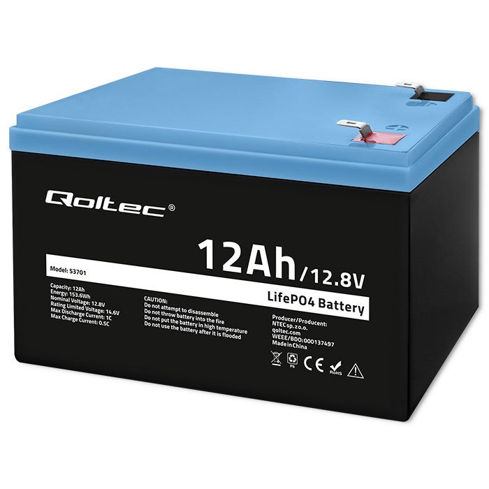 Qoltec 53701 Lifepo4 Lithium Iron Phosphate Battery 12.8v 12ah 153.6wh Bms
