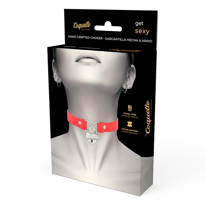 Coquette Chic Desire - Collar Cuero Vegano Rojo Accesorio Corazón Con Llave