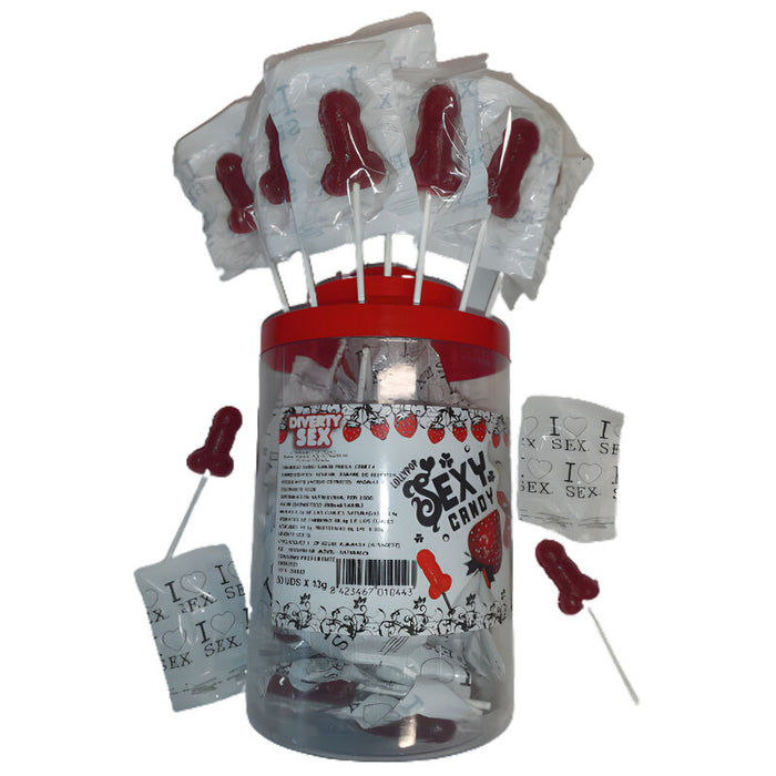 Diablo Picante - Bote 50 Piruletas Pito Caramelo Fresa Y Cereza (50 Unidades)