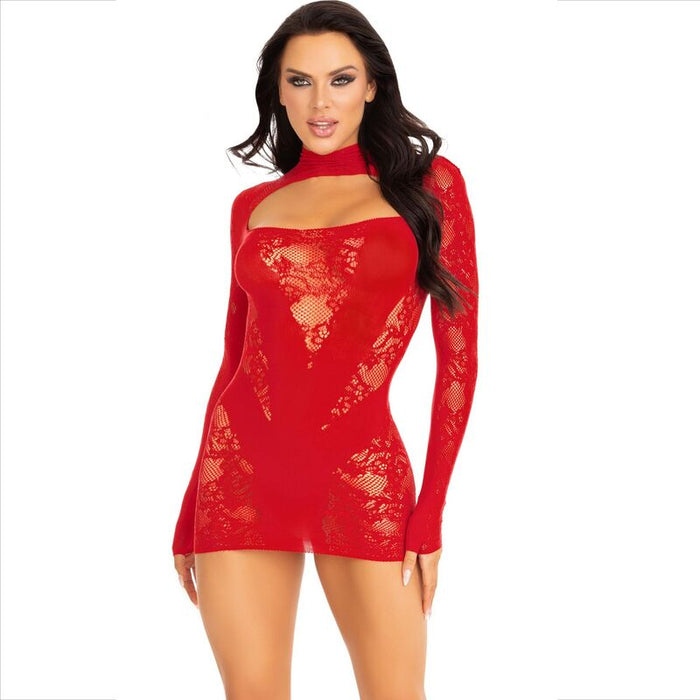 Leg Avenue - Mini Vestido De Encaje Con Manga Larga Rojo