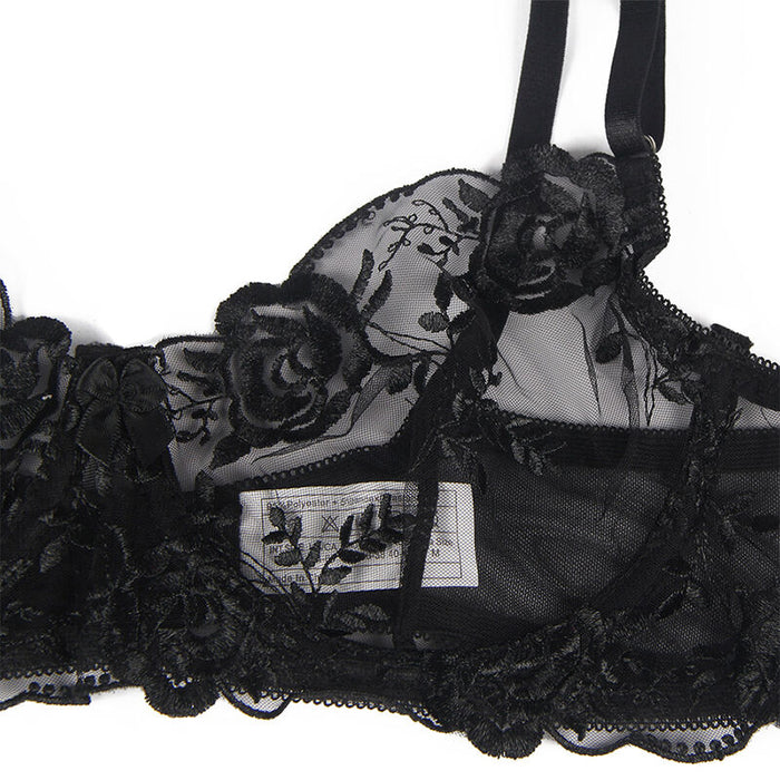 Subblime - Set De 3 Piezas Sujetador + Tanga + Liga Estampado Floral Negro S/M