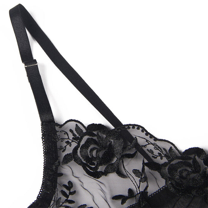 Subblime - Set De 3 Piezas Sujetador + Tanga + Liga Estampado Floral Negro S/M