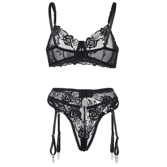 Subblime - Set De 3 Piezas Sujetador + Tanga + Liga Estampado Floral Negro S/M
