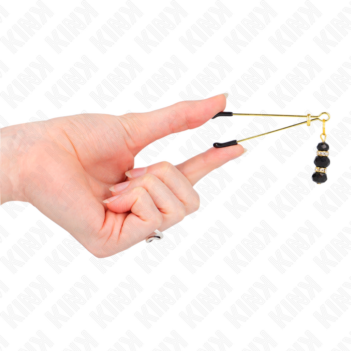 Kink - Pinzas Para Pezones Dorada Fina Con Triple Bola De Vidrio Negro 7 Cm