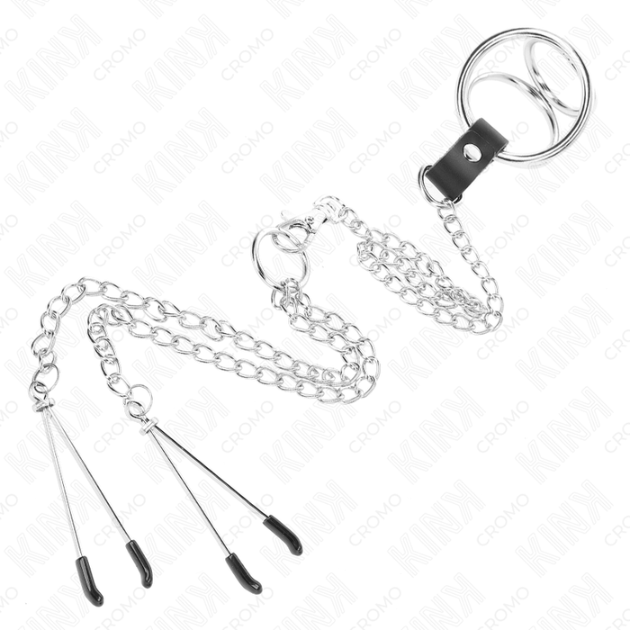 Kink - Anillo Pene Triple Metal Cromado 3 Cm A 4.5 Cm Con Cadena Metal 26 Cm Y Pinzas Para Pezones