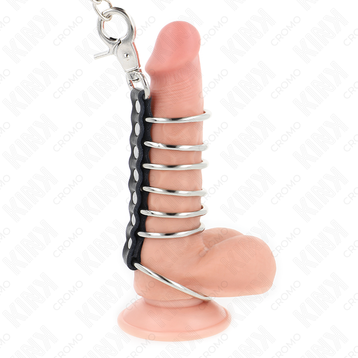 Kink - 7 Anillos Pene Metal 3.8 Cm A 5 Cm Conectados Con Polipiel Y Cadena Metal 100 Cm