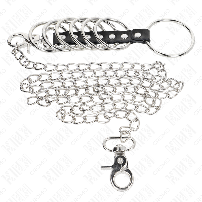 Kink - 7 Anillos Pene Metal 3.8 Cm A 5 Cm Conectados Con Polipiel Y Cadena Metal 100 Cm