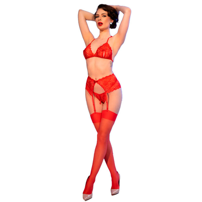 Chilirose - Cr 4848 Set Sujetador + Tanga + Medias De Encaje Rojo M