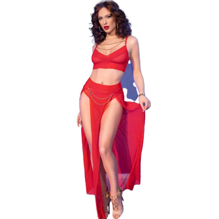 Chilirose - Cr 4850 Set Top Rojo Y Leggins Con Complementos Dorados M