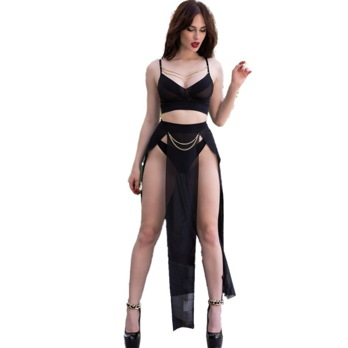 Chilirose - Cr 4672 Top Negro Falda Y Tanga Con Cadenas Doradas L