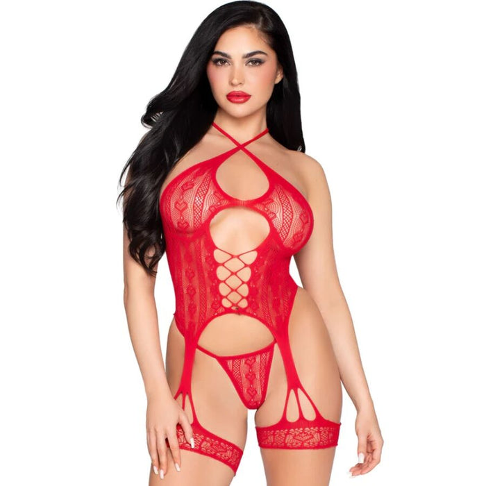 Leg Avenue - 89338 Set Body Abierto Con Liguero + Tanga De Encaje Rojo - Talla Única