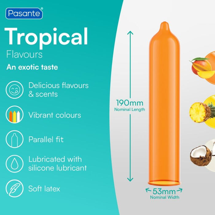Pasante - Tropical Preservativos Con Sabores Mango Piña Y Coco 53 Mm 144 Unidades (bolsa)