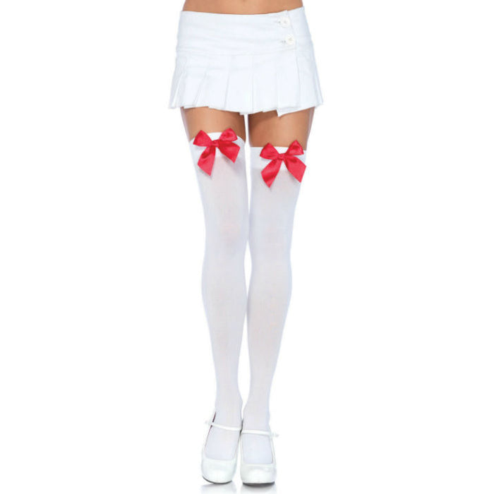 Leg Avenue - Medias Nylon Blanco Y Lazo Rojo