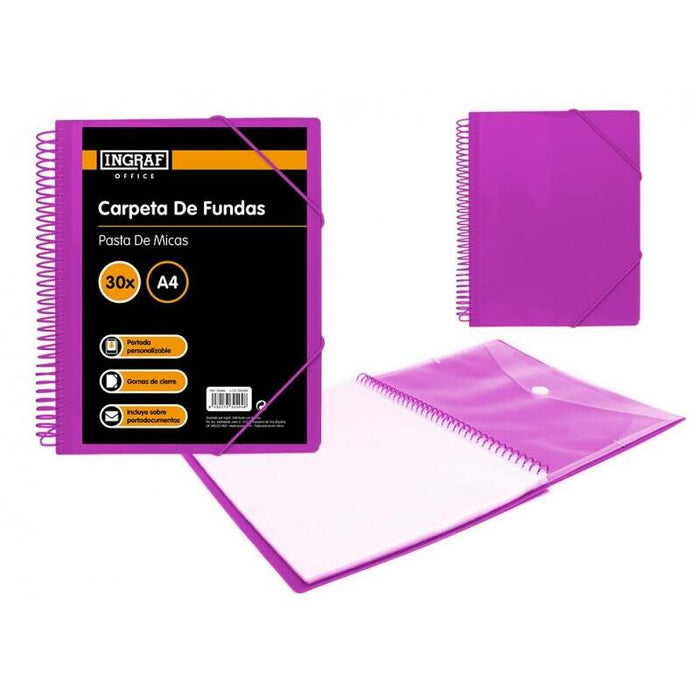 Ingraf Carpeta 30 Fundas Con Sobre Portada - Polipropileno Rigido - Espiral Plastica Indeformable - Apertura 360 Grados