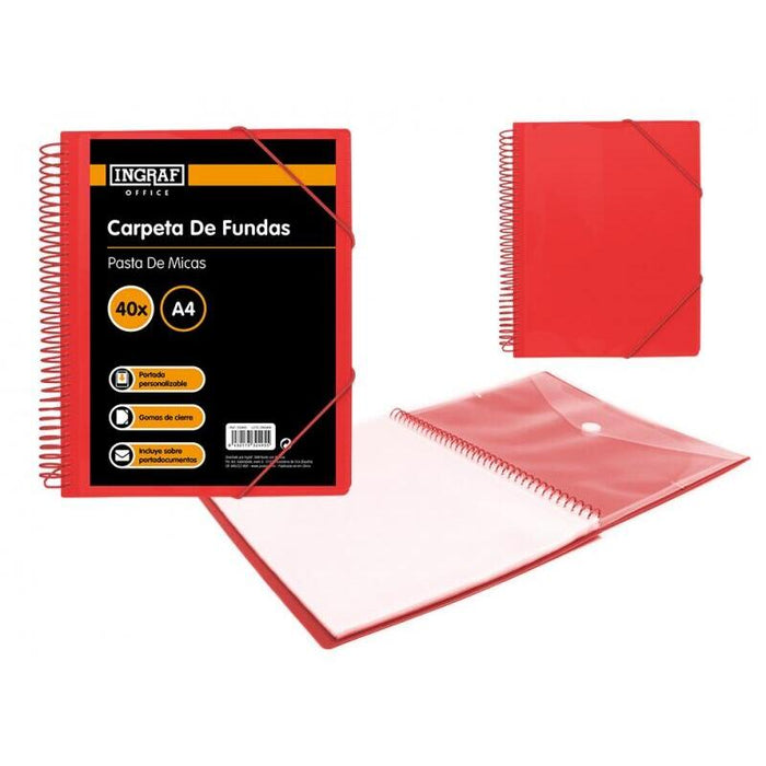 Ingraf Carpeta 40 Fundas Con Sobre Portadocumentos - Polipropileno Rigido - Tamaño A4 - Espiral Plastica Indeformable -