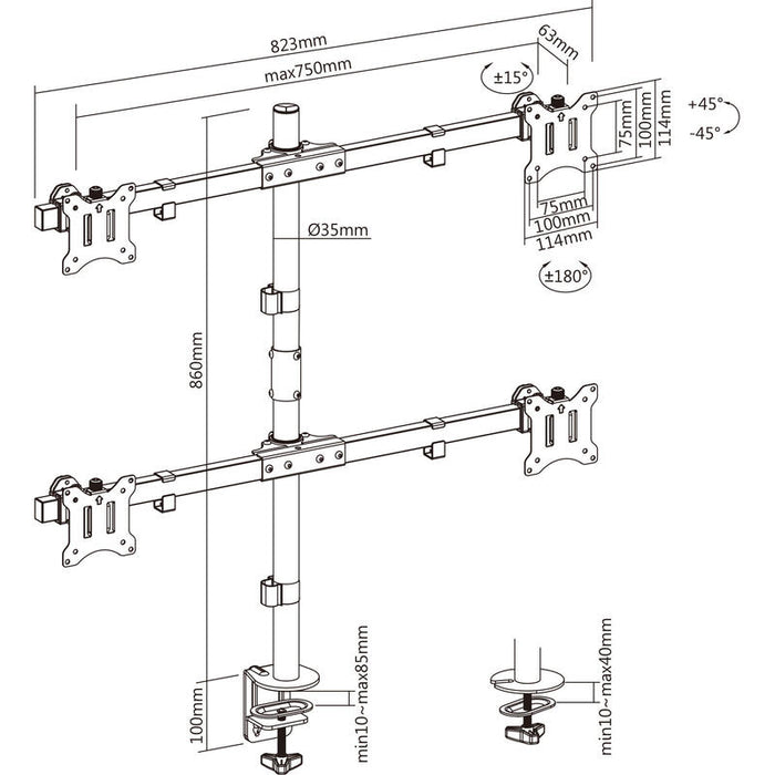 Inline® Desk Bracket For  3x Tv / Led / Tft Display Up A 81cm 32" Max. 7kg