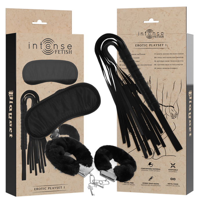 Intense - Fetish Set Erótico 1 Con Esposas, Antifaz Y Ltigo De Cuero Vegano