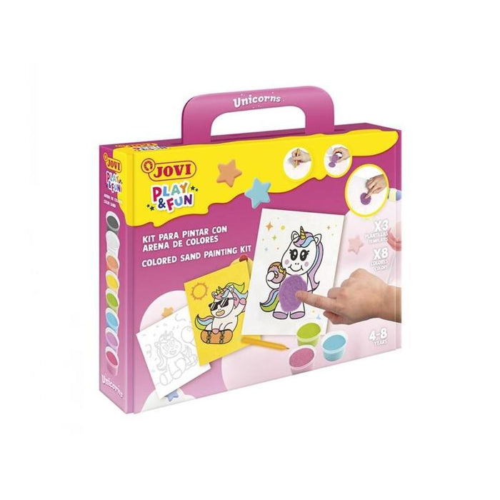 Jovi Play & Fun Kit Pinta Con Arena Unicorns Con 8 Botes De Arena + 1 Punzon + 3 Laminas Con Diseños De Unicornios -