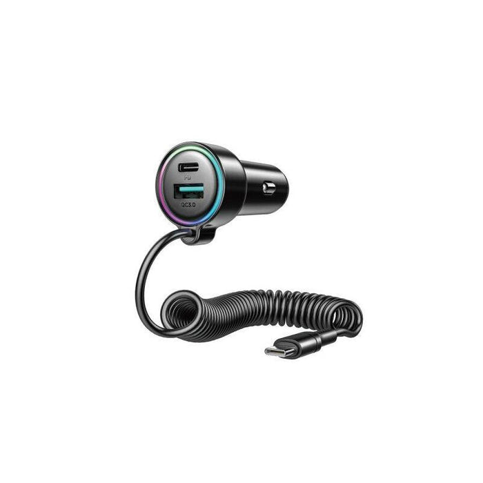 Joyroom Car Charger 3-In-1, C+U With Type-C Coiled Cable 1.6m, 72w, Black (Jr-Cl07)