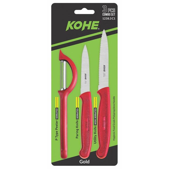 Juego De Cuchillos Con Pelador Kohe, 3 Unidades, Colores Variados