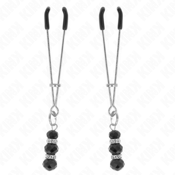 Kink - Pinzas Para Pezones Plateada Fina Con Triple Bola De Vidrio Negro 7 Cm
