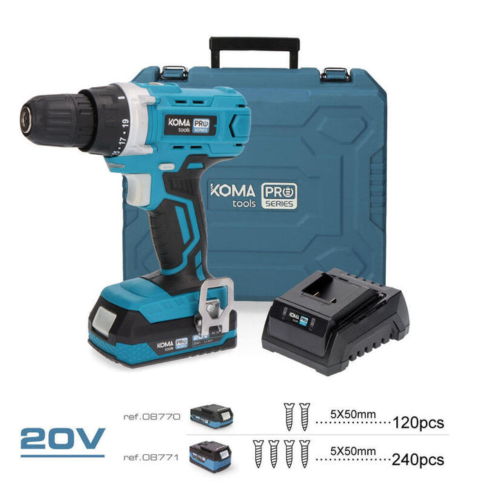 Kit Taladro Atornillador Con 40 Accesorios 20v Con Batería Y Cargador Koma Tools