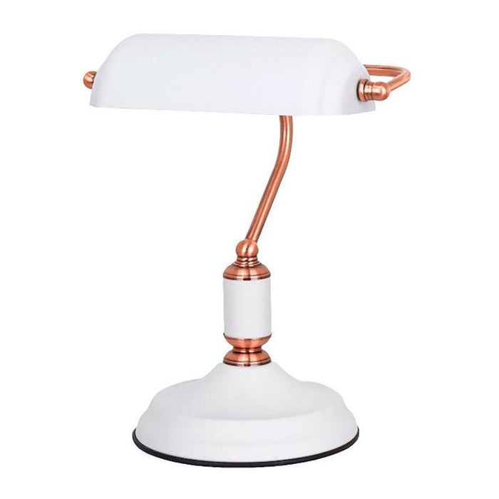 Lámpara De Mesa, E27, Tipo Banquero, Blanca+Cobre; Base Ø185 Mm; 260 X 195 X 345 Mm