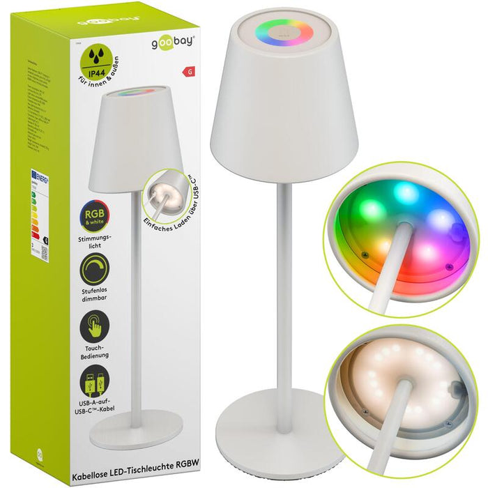 Lámpara De Mesa Led Inalámbrica Rgbw, Blanca 
Con Control Táctil, 150 Lm, Numerosos Colores De Luz Rgb Y Blanco Cálido (3000 K),