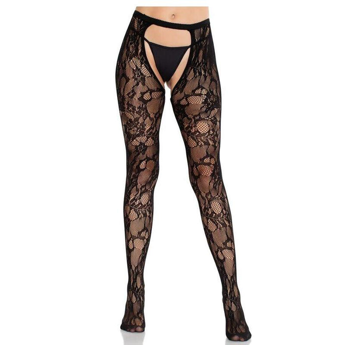 Leg Avenue - Medias De Encaje De Rosas Con Parte Trasera Abierta Negro