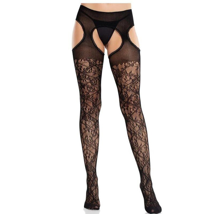 Leg Avenue - Medias De Encaje Floral Con Ligas Unidas Negro