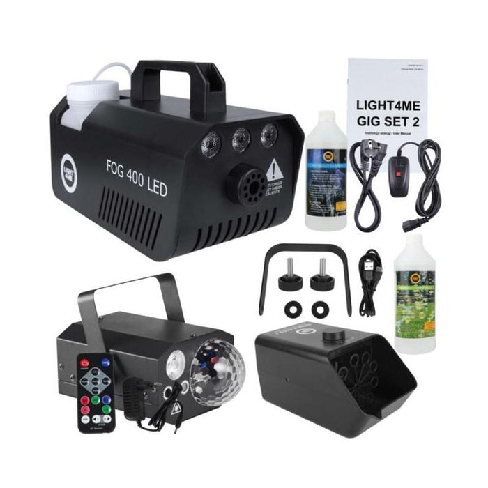 Light4me Gig Set 2 - Set (Generador De Humo + Líquido Para Humo 1 L + Generador De Burbujas Recargable + Líquido Para Burbujas 1 L + Efecto De Iluminación 4 En 1)